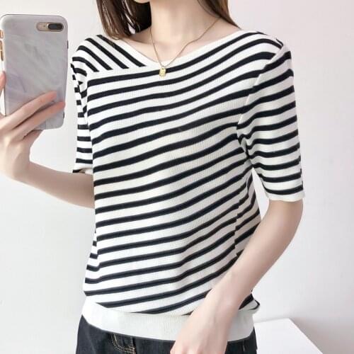 Harteen Thin Vintage Striped Sweater Summer 2021 New Korean Fashion Casual Thin Sweater Loose Elegant Short Sleeve Top Femme