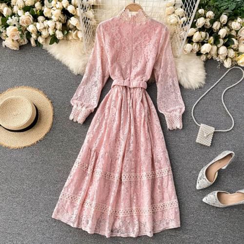 Vintage Lace Hollow Out Womens Dress Autumn 2020 Stand Collar Long Sleeve High Waist Sweet Black/Pink/Beige Robe Fashion New