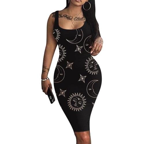 Woman Sexy Floral Print Bodycon Dress Fashion Sleeveless Black Tank Dresses For Women 2021 Club Pencil Robe Femme Summer Dress