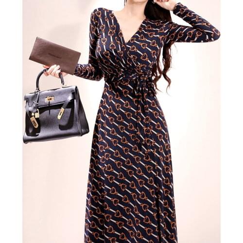 Vintage Robe A-line Sexy Dresses Casual Polyester Elegant Print Temperament V-neck Long Sleeve Spring Elegant Party Dress