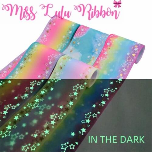 3"75mm Star Pattern White Ink Print Glow in the Dark Hologram Gold Foil Gradient Color Printed Grosgrain Ribbon DIY 50yards/roll