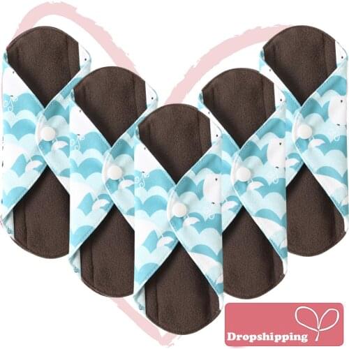 5Pcs Women Menstrual Pads Reusable Sanitary Napkin Absorbent Reusable Charcoal Bamboo Cloth Pads Washable Sanitary Towel Size M