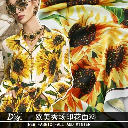145cm Width Sunflower Printed Imitate Silk Satin Or Chiffon Fabric For Woman Summer Dress Long Beach Dress DIY Sewing