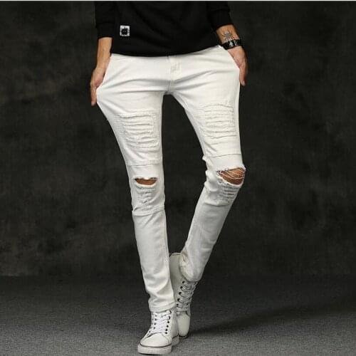 White & Black Ripped Jeans Biker Men With Holes Super Skinny Famous Designer Brand Slim Fit Destroyed Pencil pants Slim Jeans