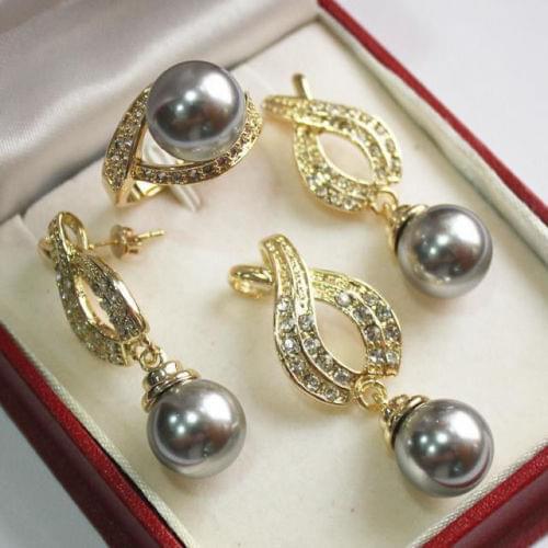 Free shipping New style Natural noble jewelry>>>>1Set AAA 12mm Gray Shell Pearl Pendant Necklace Earrings Ring Set 02