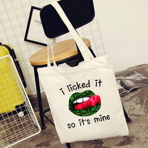 Eco Tote Bags I Licked It So Its Mine Sexy Lips Black Shopper Bag Graphic Tote Bags Harajuku Bag Women Canvas Shoulder Bag