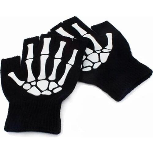 Printing Fluorescent Skeleton Skull Knitted Half Finger Gloves Cool Autumn Winter Black Ridding Knitting Gloves for Women Men