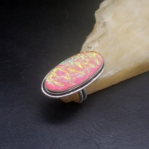 Hermosa Jewelry Rare Stylish Antique Dichroic Glass Silver Color Wedding Charms Band Ring For Women Men Size 7 FQ180