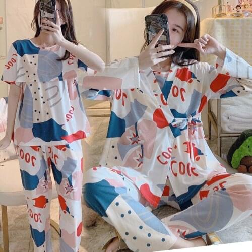 Cotton Pregnant Women Nursing Nightgown Sets Cardigan+Camisole+Trousers Three-piece Sleepwear V-down Collar Maternity Pajamas