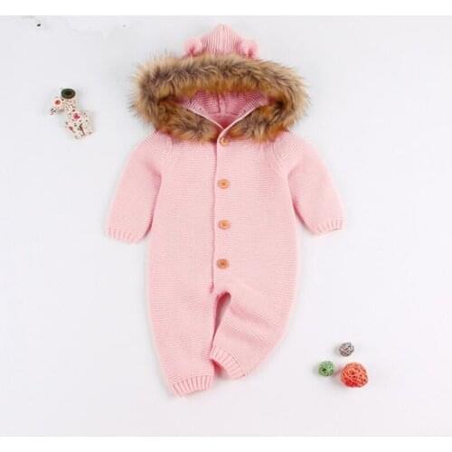 Knitted Baby Rompers Winter Newborn Baby Clothes Infant Jumpsuit With Fur Hooded Toddler Romper For Boys Girls Sweater Outerwear