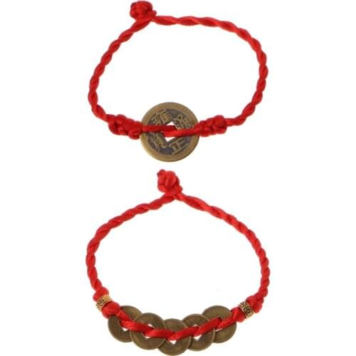 Red Thread String Braided Bracelets Chinese Feng Shui Wealth Lucky Copper Coin Pendant Hand Bracelet