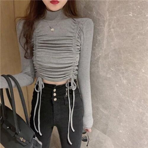 New Drawstring T-shirt Design In Autumn Winter Small High Neck Long Sleeve Slim Fit Bottomed Shirt Women Tshirt Top Vogue Tees