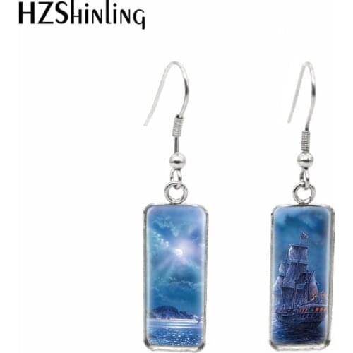 2020 New Seascape with Sailing Boat Earring Old Ship Rectangular Hook Earrings Glass Cabochon Jewelry Handmade