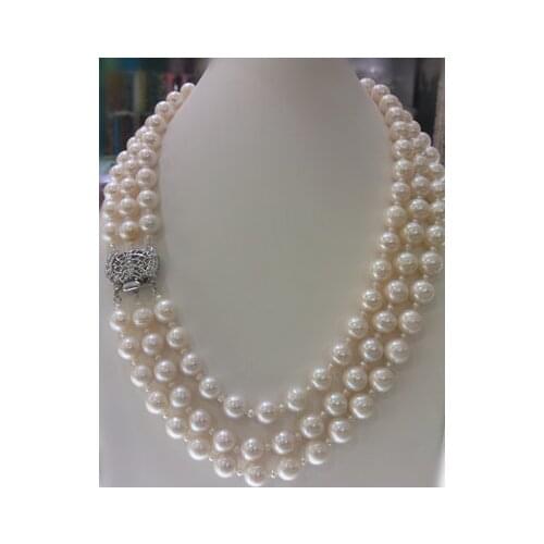 Wholesale 3 rows natural AA 9-10mm white round freshwater pearl and nice clasp necklace
