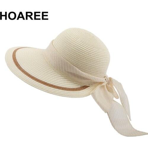 HOAREE Beach Hat Women Summer Hat Bowknot Sun Visor Ladies Straw Hat Elegant Ladies Khaki Vacation Leisure Sunscreen Hat