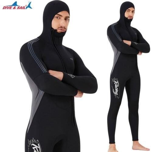 DIVE&SAIL 3MM Neoprene Scuba Swim Diving Suit Men UnderWater Snokeling Surfing Front Zipper Spearfishing Hooded Beach WetSuit J