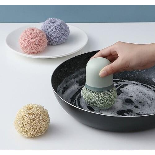 Kitchen Cleaning Brush Utensils Degradable Fiber Pot Dish Brush Ball With Handle Household Dishwashing Decontamination Gadgets