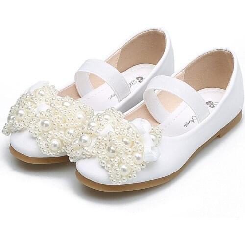 Girls Princess Shoes Pink White Dance Performance Shoes Childrens Student Boat Shoes Girls Pearl Bow-knot Flower Shoes 25-36