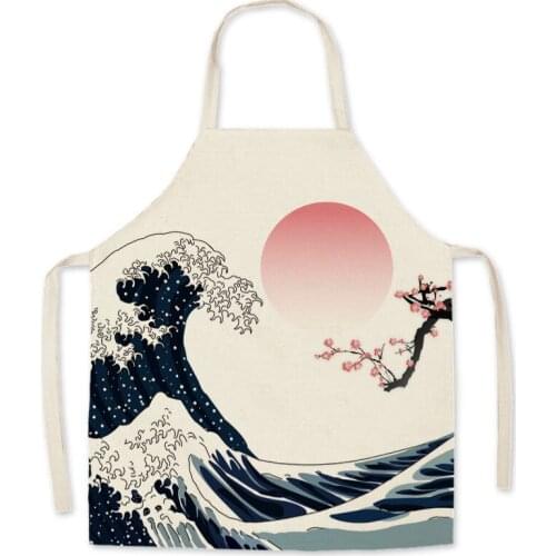 Ukiyoe Mount Fuji Cotton And Linen For Men Cooking Baking Accessories Korean Kitchen Supplies Chef Cute Womens Kitchen Aprons