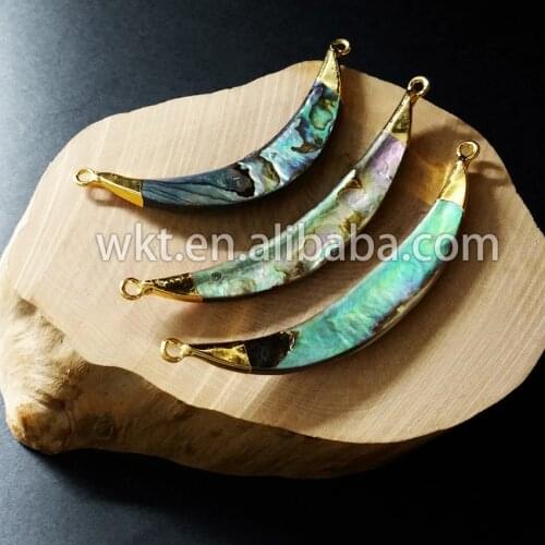 WT-P521 Wholesale natural raw Abalone Horn Pendant with 24k gold color double loops pendant genuine abalone shell jewelry