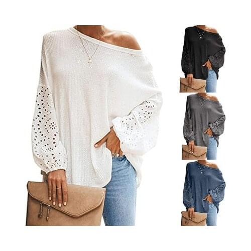 Summer new knitted blouse embroidery cottom sleeves solid color long sleeves hollow-out pullover V-neck knit blouse women sexy