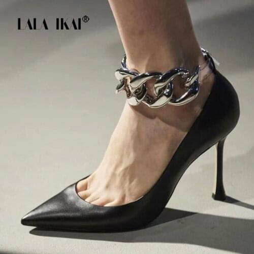 LALA IKAI 2021 Spring Summer Pointed Toe High Heels Chain Decoration Womens Sandals 10 CM Female Shoes Zapatos de mujer C10623