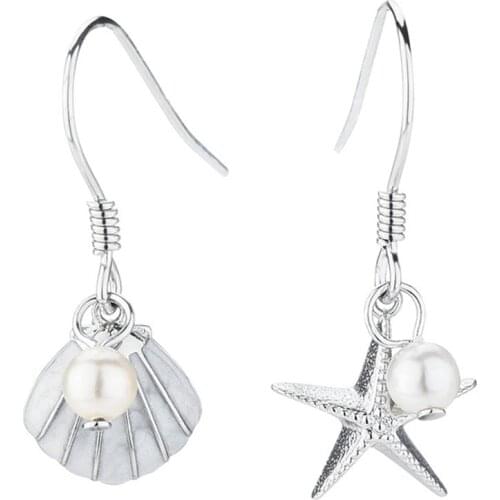 925 Sterling Silver Beach Shell Starfish Statement Dangle Earrings For Women Lady Fashion Jewelry Pendientes Mujer Moda eh1194