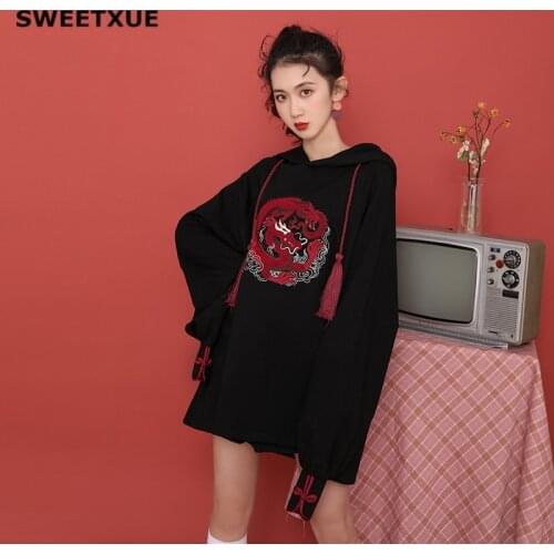 SWEETXUE Chinese Style Girl Rose Dragon Embroidery Loose Retro Punk Long Sweatshirt Casual Fringed Womens Hooded