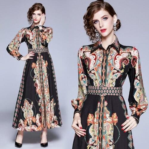 Spring Summer Fall Runway Floral Baroque Print Collar Mock Neck Belt Long Sleeve Women Ladies Casual A-Line Maxi Shirt Dress