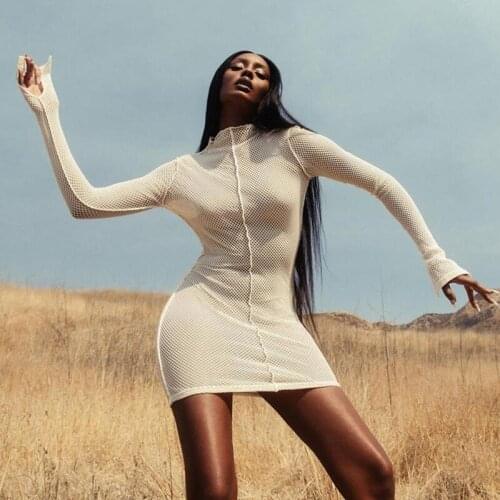 Sexy Lady Flare Sleeve Women Slim Elastic Bodycon Bandage Dress Elegant Mesh Party Night Club Fashion Vestidos Streetwear