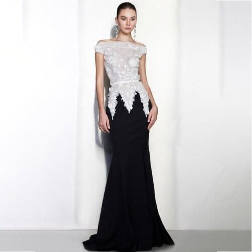 Splicing Off the Shoulder Evening Gowns Lace Bodice Illusion Mermaid Prom Dresses Short Sleeves Women Formal Celebrity Dress