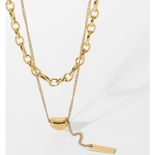 14K Gold Plated Stainless Steel Double Chain Pea Pendant Necklace For Women Stackable Statement Choker Neckalce