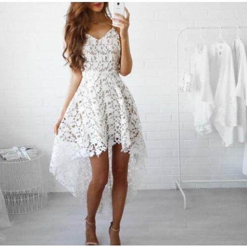 Snow White Women Party Lace Flower Backless Mini Dress 2 Layer Summer Sexy Sling Spaghetti Hollow out Asymmetrical Dress