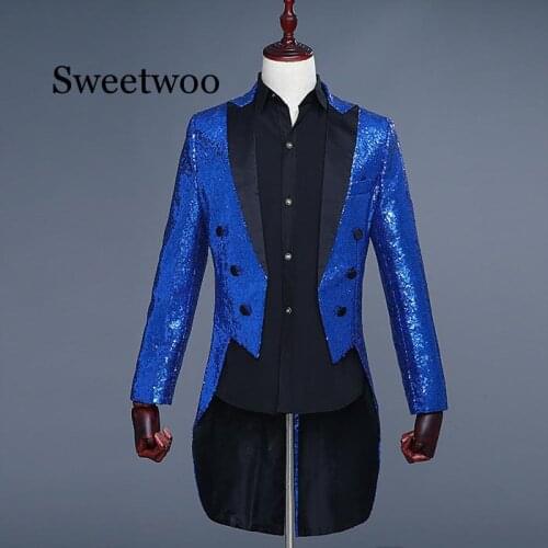Shiny Red Sequin Glitter Embellished Tuxedo Blazer Men Nightclub DJ Party Wedding Tailcoat Suits Mens Stage Singer Costume Homme
