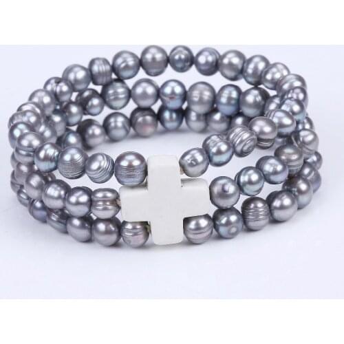 7-8mm black&white potato shape freshwater pearl bracelet white shell cross bracelet 3 rows