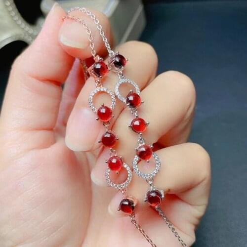 Fashion 925 Silver Cabochon Gemstone Bracelet for Party5mm Natural Garnet Bracelet for Young Girl Sterling Silver Garnet Jewelry