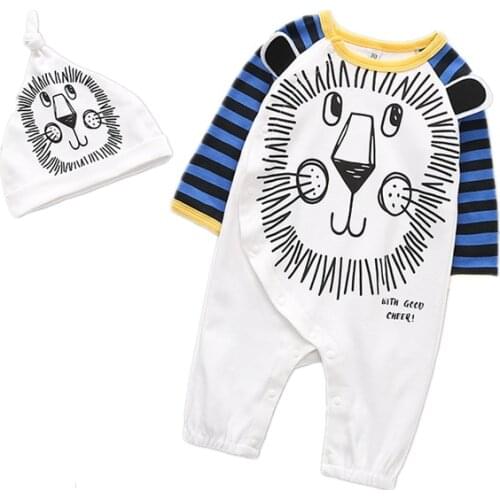 Baby Cotton Long Rompers Infant Boy One Piece Animal Lion Printed Jumpsuit with Hat Set Side Button Open Onesies Boys Outfit