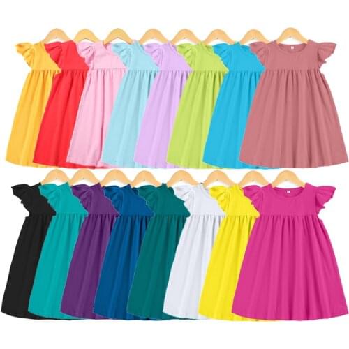 Baby Summer Clothes 12m-6T Infant Kid Baby Girl Solid flutter pearl Dress Fly Sleeve Ruffle Party cotton kids dresses for girls