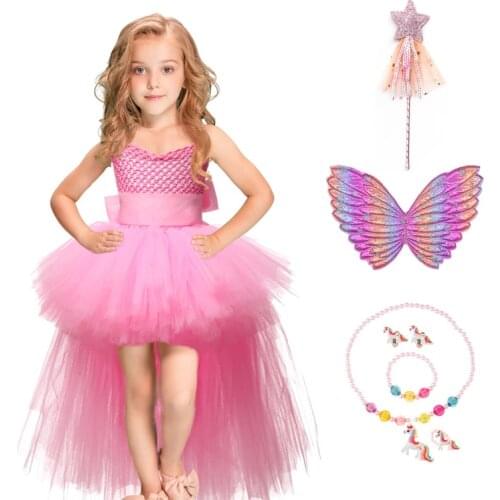 Girls Unicorn Princess Dress Birthday Party Cosplay Angel Dresses Children Mesh Tutu Skirt Pink Lace Sling Costume for Kids