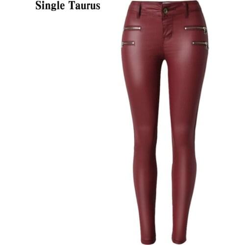 Low Waist PU Leather Pants Women Double Zipper Skinny Jeans Femme High Stretch Push Up Pants Feminino Wine Red Pantalon Femme