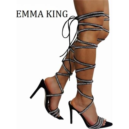 Elegant Bling Crystal Sandals Women Over The Knee High Boot Sexy Open Toe Lace Up Rhinestone High Heels Sandals Party Dress Shoe