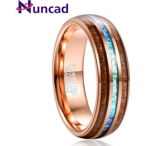 NUNCAD Wood Tungsten Carbide Ring For Men 6MM Rose Gold Acacia Imitation Opal Dome tungsten Steel Ring Anillo Hombre