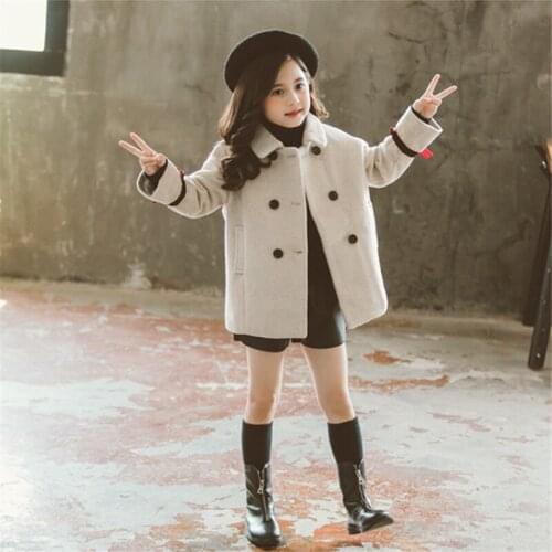 Jacket For Girls Woolen Coat Autumn Winter Wear Fashion Childrens Sleeves Ribbon Woolen Coat Lapel Double Breasted Kids Clothes