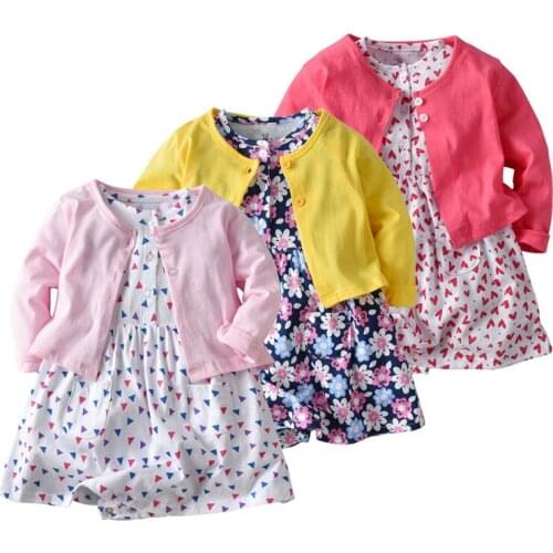 New Born Baby Girls Summer Clothing Short Sleeved Dress + Jacket Suit Infant Baby Cartoon Printed Flower Body Suit Cotton Outfit