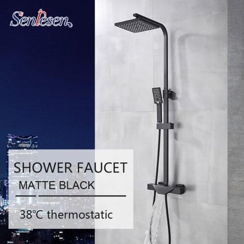 Senlesen Matte Black Shower Faucet Thermostatic Bathroom Shower System Shower Rainfall Shower Hot and Cold Water Mixer Tap