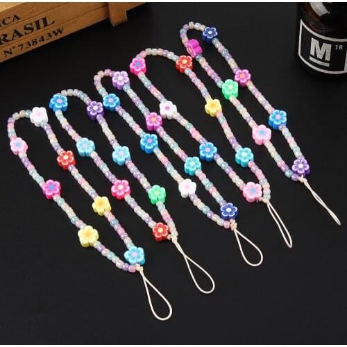 Mix Color Acrylic Heart Flower Beads Chains Strap Lanyard Mobile Phone Chain Straps Keychain phone Hang Rope Child Girls Gifts
