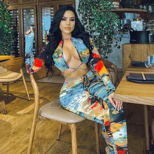 BKLD Fashion Women Clothing 2020 Winter New Printed Bandage Hollow Out O-Neck Long Sleeve Backless One Piece Jumpsuit Clubwear