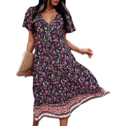 Fashion Summer Womens Slim Small Floral Printing Long Paragraph V-neck Short Sleeve Dresses
