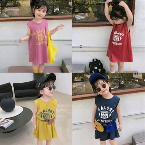 3 4 5 6 7 Years Toddler Kids Baby Girls Dress Letter Sleeveless Vest Dress 2020 Summer 4 Colors Casual Dress New Childrens Wear