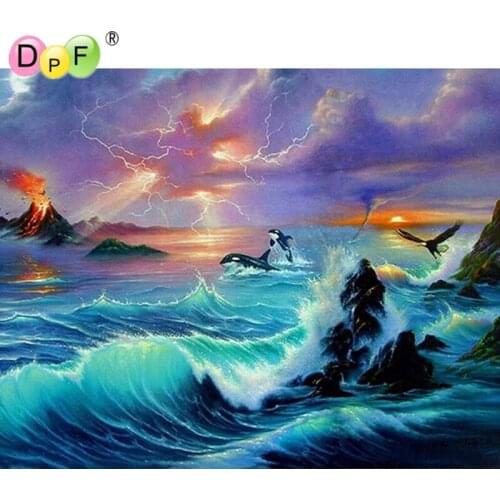 Scenery 3D diy diamond painting embroidery Dolphins jumping pasted square drill home decor Mosaic diamond pattern cross stitch